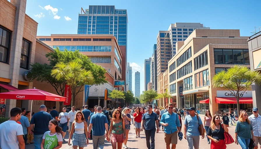 Bustling downtown Austin street scene depicting urban life.