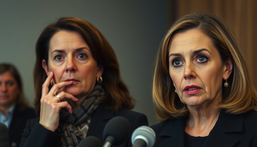 Two women at press event with contrasting expressions.