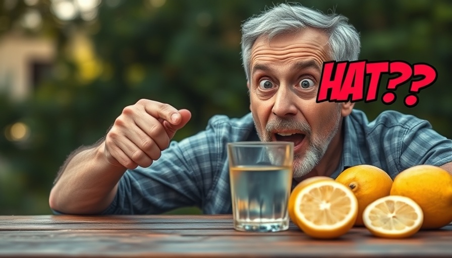 Man surprised by benefits of drinking lemon water daily with text overlay.