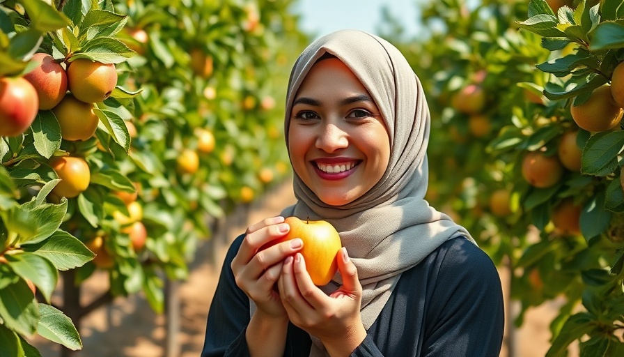 Cheerful woman holding apple in orchard - Rumeysa Ozturk news.