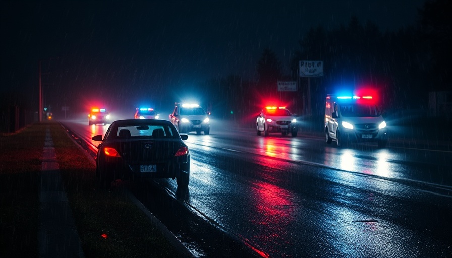 Damaged car on rainy night crash site, Cypress area incident.