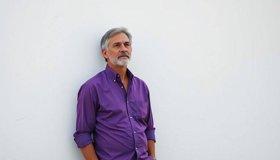 Middle-aged man in purple shirt leaning against wall; Johnny Rodriguez country music legacy.