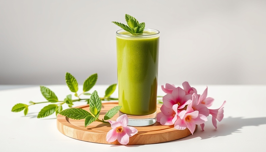 Green smoothie with mint leaves on wooden board with pink flowers for Mindful Mother's Day Celebrations.