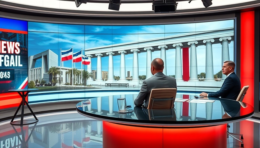 Modern TV studio discussing national news headlines, with vibrant backdrop.