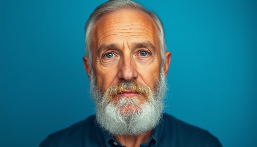 Older man with gray beard on blue background, portrait style.