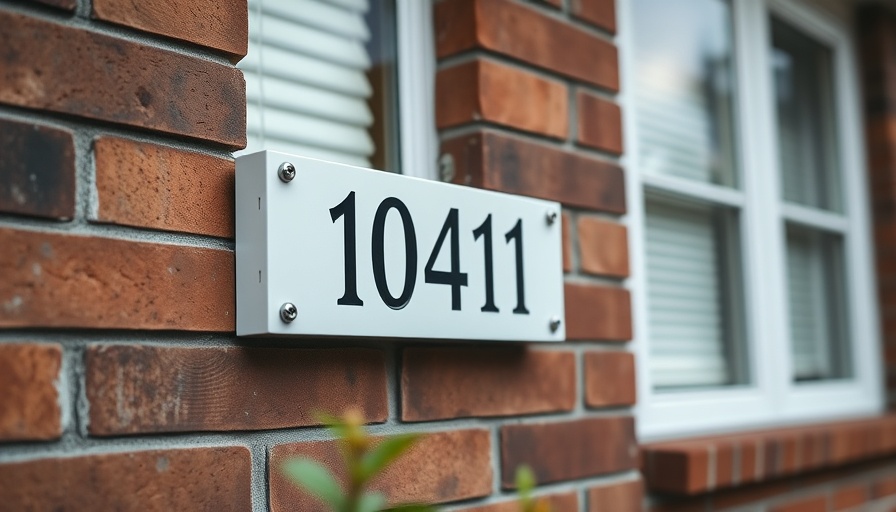 Brick house exterior with address 10411 and window blinds.