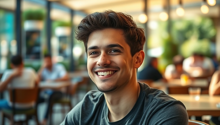Young man smiling outdoors with blurred background.