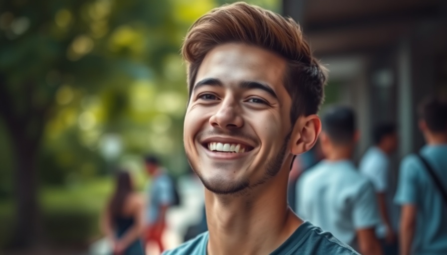 Portrait of smiling young man at outdoor event, blurred background.