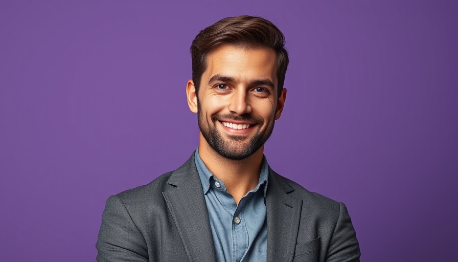 Confident man against purple background for Austin business news.