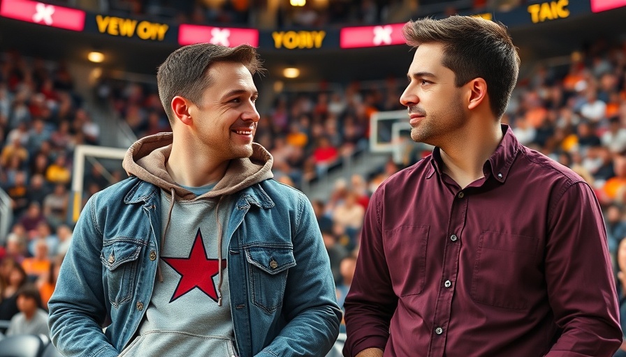 Two men conversing courtside at a lively basketball game, celebrity culture in sports.