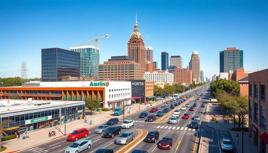 Skyline view of modern buildings and street in North Central Austin.