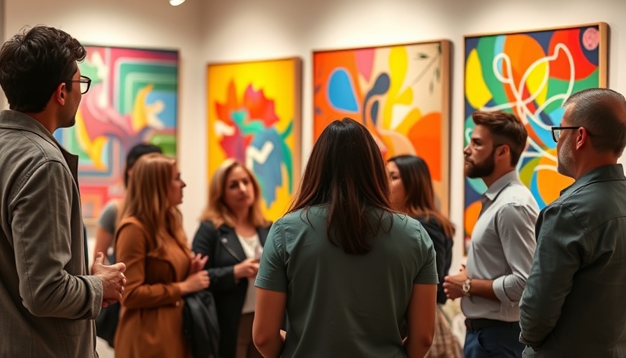 Attendees discussing art at the Affordable Art Fair Austin exhibition.