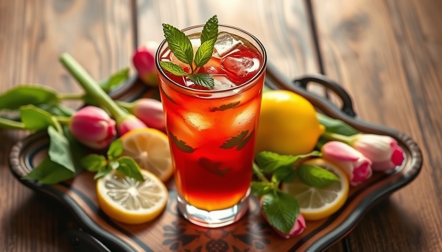 Rhubarb Iced Green Tea with mint and lemon on wooden tray