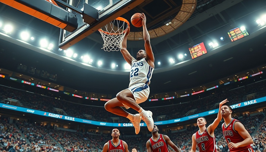 Basketball player hanging from the rim during a game action.