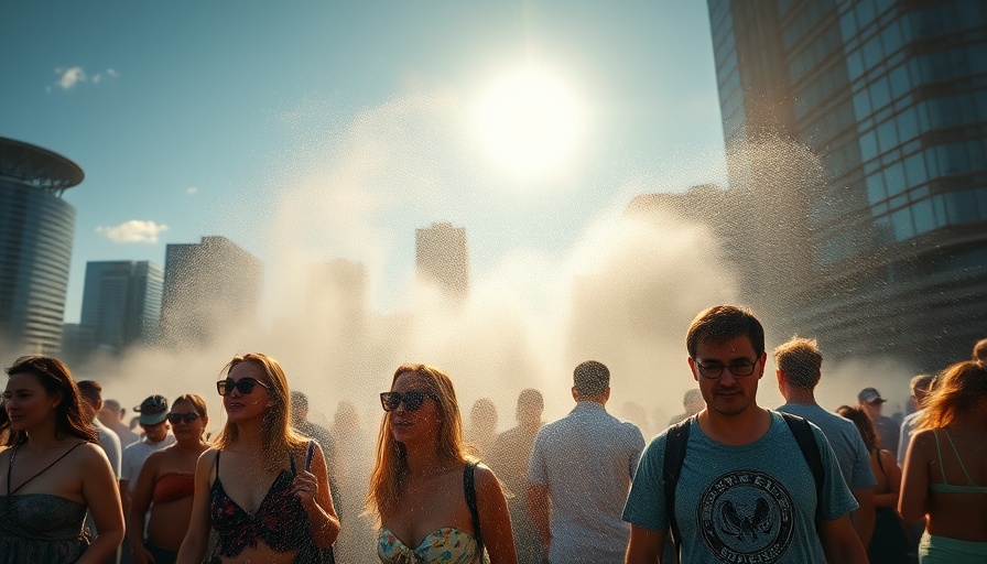 People cooling off with mist spray during extreme heat in Texas, May 2025.