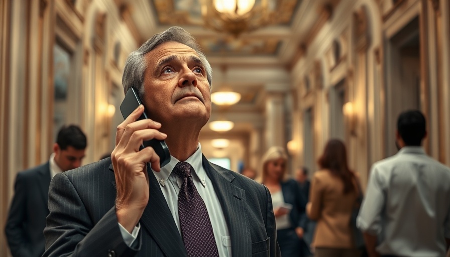 Man in suit holding phone in elegant hallway, Trump's Big Beautiful Bill.