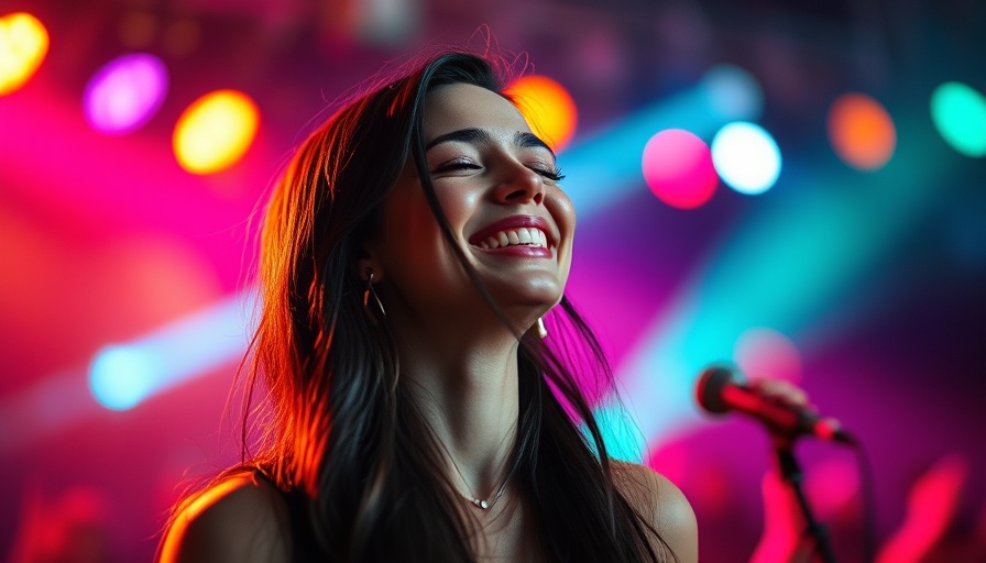 Joyful performer on stage with vibrant lights, smiling widely.