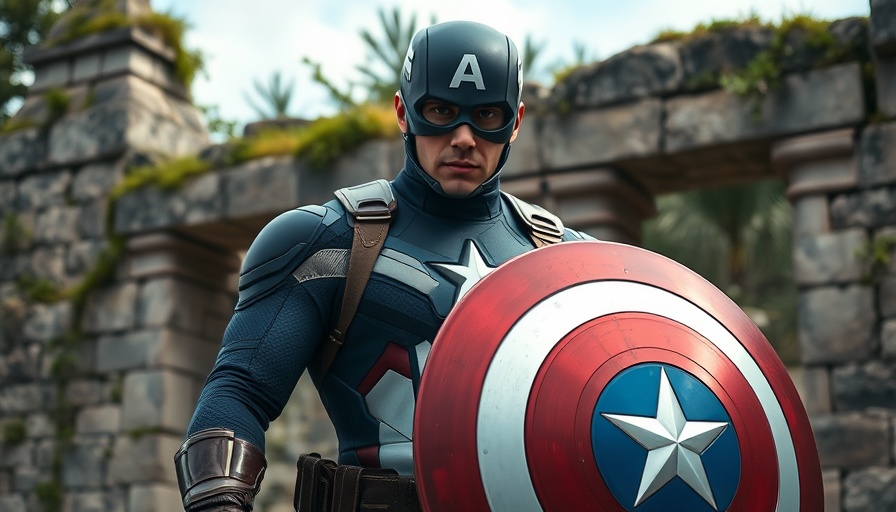 Heroic figure in modern Captain America suit in front of stone structure.