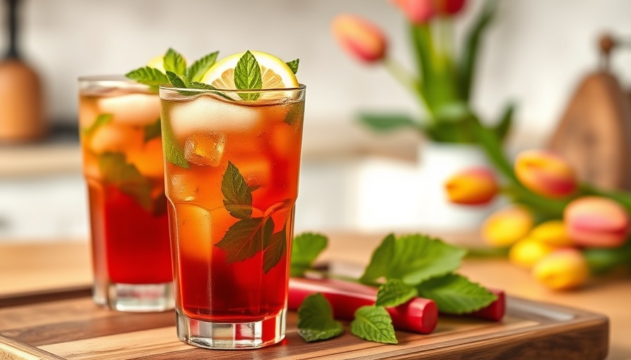 Vibrant rhubarb iced green tea in glass with mint and lemon.