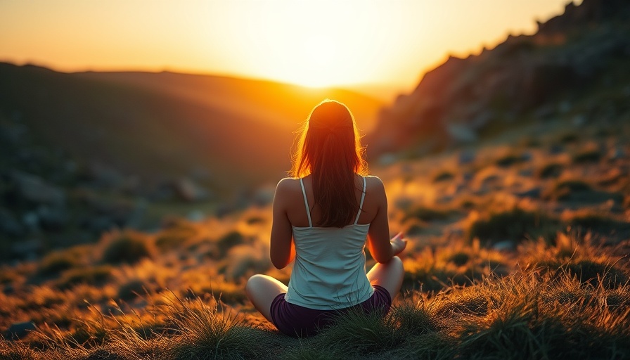 Woman meditating at sunset in nature for mental health.