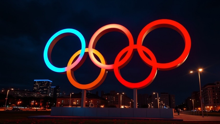 Vibrant Olympic rings at night highlighting women's sports fairness amidst the transgender athletes ban.