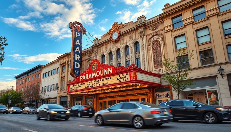Vintage theater with Paramount sign during Austin Summer Classic Film Series.