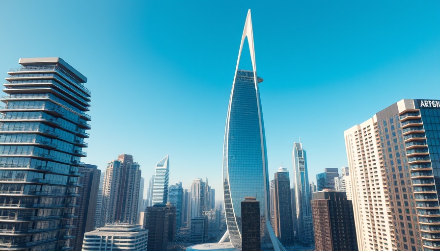 Futuristic sail-shaped skyscraper in Austin cityscape