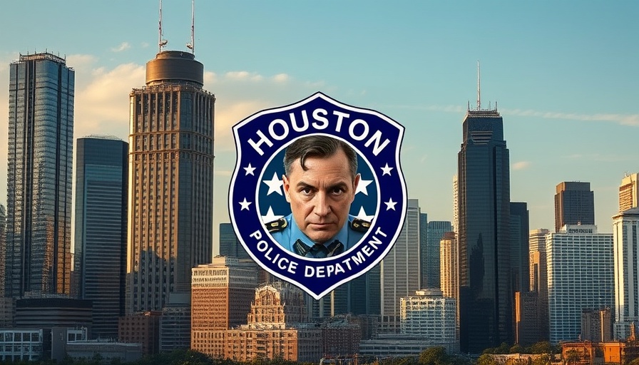 HPD Coding Scandal concept with skyscrapers and police emblem.
