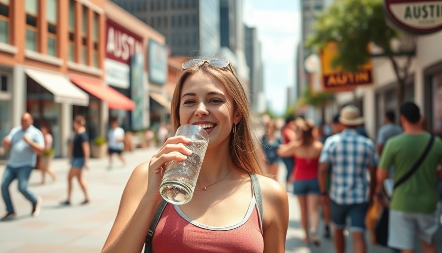 Woman handling heat in Austin by drinking water outdoors.