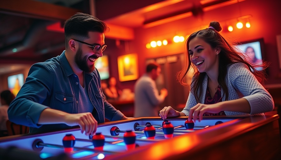 Couple enjoying foosball at an entertainment hotspot in Austin's St. Elmo District.