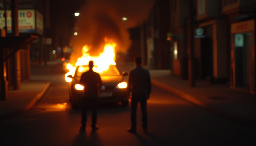 California incident at night captured in CCTV, flames visible.