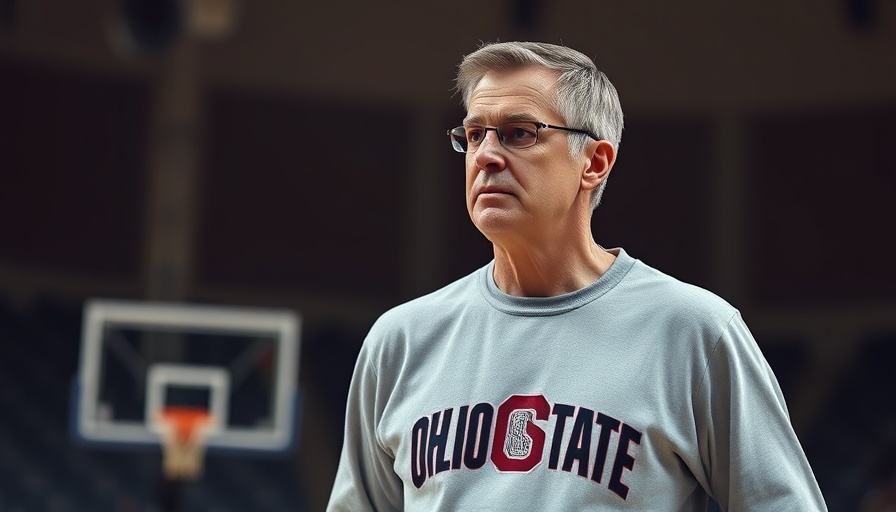 Basketball coach in gray sweater on court, focused stance.