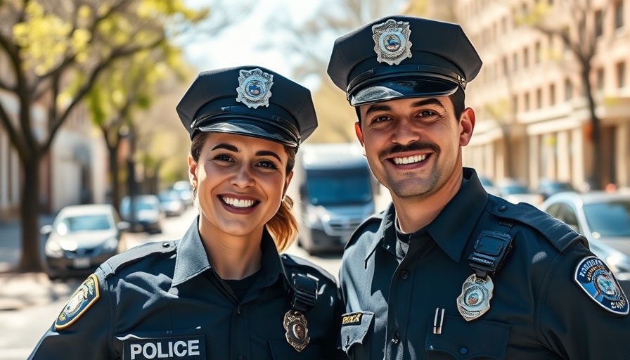 Austin police officers smiling in uniform, urban backdrop.