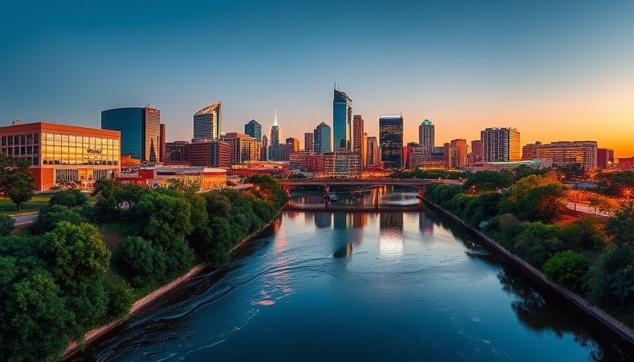 Austin skyline at sunset reflected in river, local news.