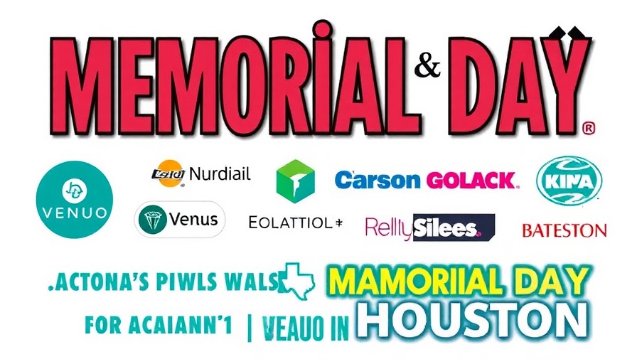 Colorful logos promoting Memorial Day Sales in Houston.