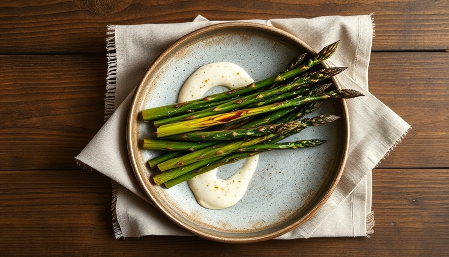 Artistic presentation of charred asparagus and garlic tahini salad.