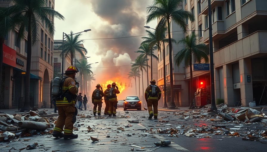 Explosion aftermath near Palm Springs fertility clinic with firefighters.