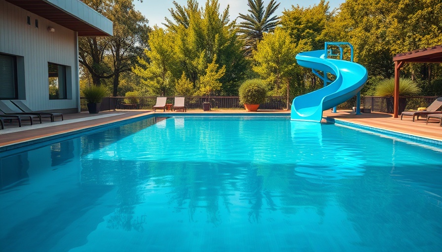 Austin lifestyle at a serene outdoor pool with blue slide.