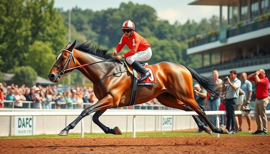 Preakness Stakes racehorse speeding past the finish line.