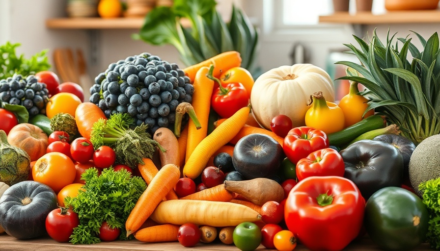 Assorted fresh fruits and vegetables promoting health and wellness nutrition for teenagers.
