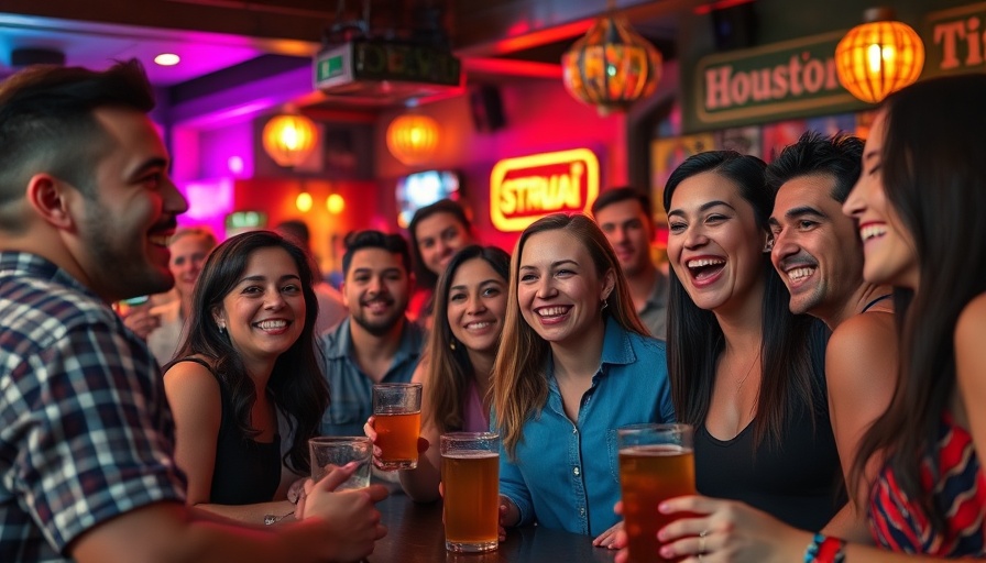 Friends enjoying Houston trivia nights at a lively bar.