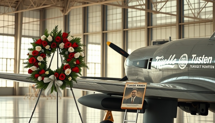 Vintage airplane and Tuskegee Airmen tribute in hangar.