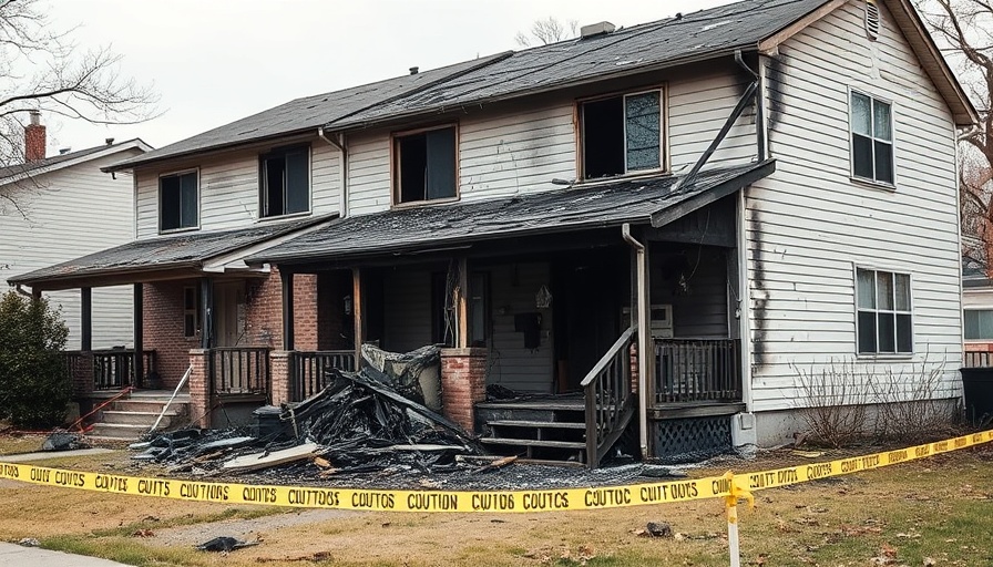Fire-damaged townhome in Houston with caution tape.