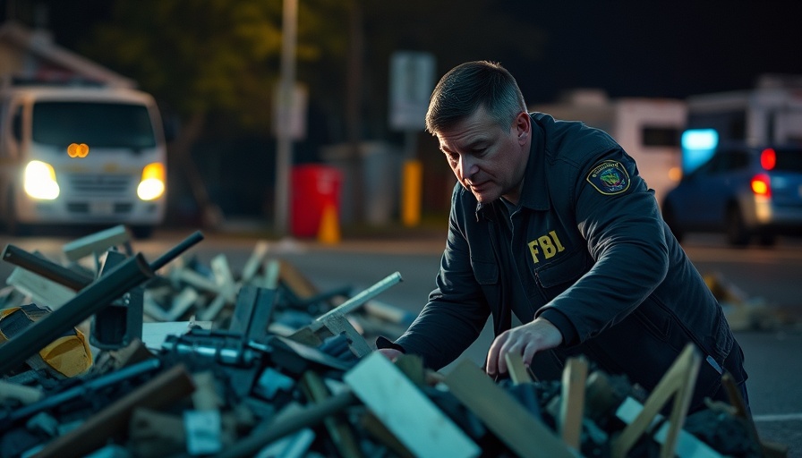 FBI investigations scene with agent examining debris at a crime site.