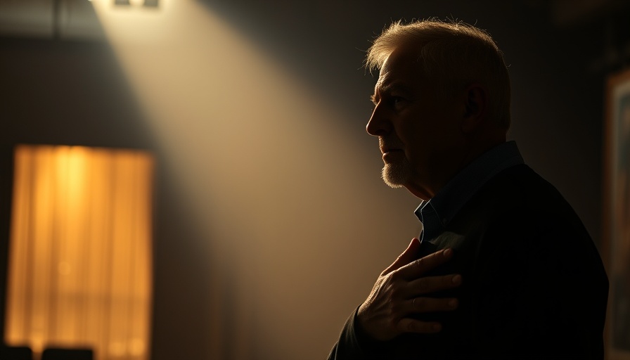 Silhouetted older man with hand on chest, dramatic lighting.