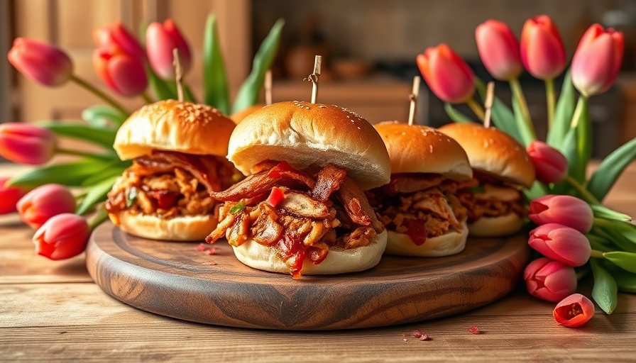 Rhubarb BBQ Pulled Chicken Sliders on wooden board.