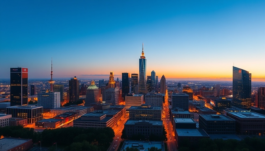 Panoramic view of a Texas city's vibrant skyline at dusk.