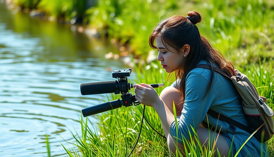 Young woman recording sounds in Texas state park for podcast.