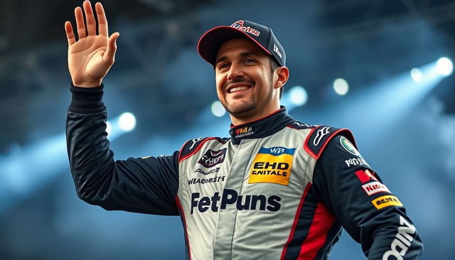 Confident male racer in red-black race suit raising hand victoriously.