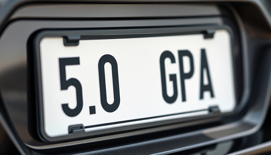 Spoofed vanity plate '5.0 GPA' close-up with carbon fiber design.